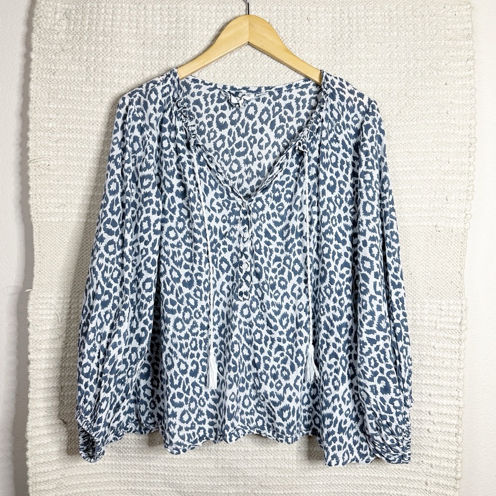 EMERSON FRY India Collection white and gray leopard Bardot organic cotton top S